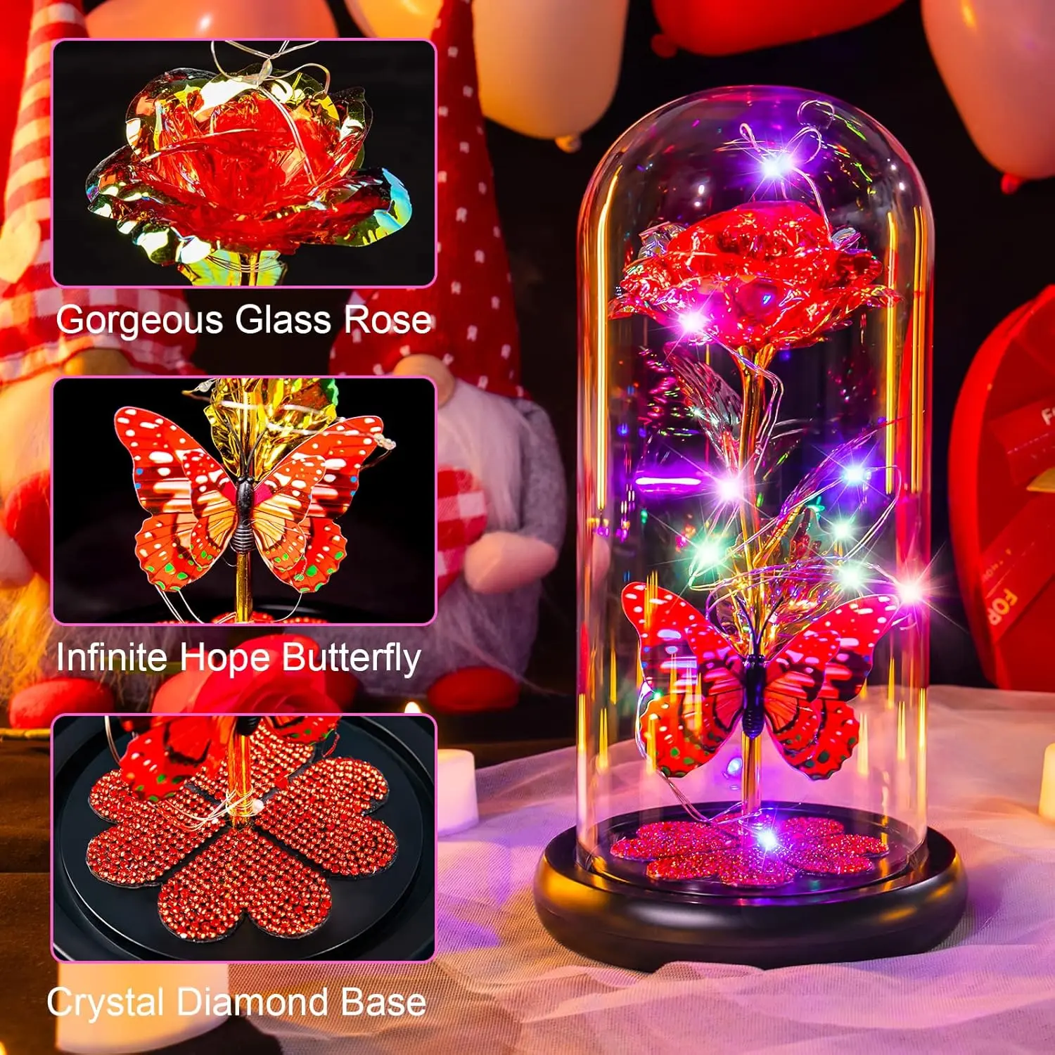 Galaxy Glass Rose Flower, Forever Eternal Crystal, Light Up Rose in Glass Dome, Birthday Gifts for Mom, Her, Grandma, Wife Mothers Day Rose Gifts for Mom, Galaxy Glass Rose Forever Eternal Crystal Flower Light Up Rose in Glass Dome with Butterfly Moth