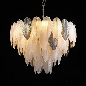 8-Light Gold Chandelier Light Fixture, 4-Tier Feather Glas