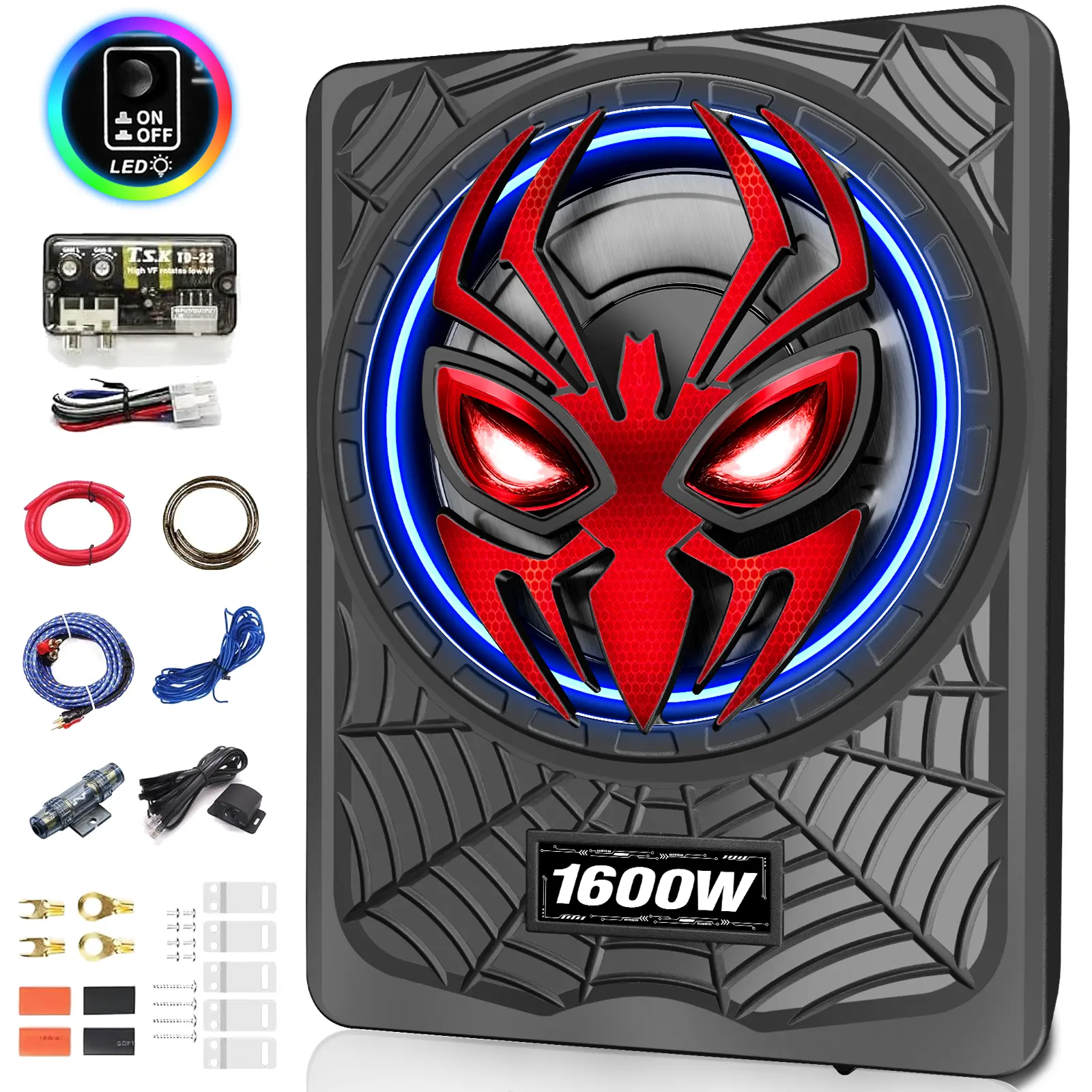 TANVSO 1600W Slim Under-Seat Powered Car Subwoofer & Amplifier Package, Built-In Class D Amplifier, Cast Aluminum Body, LED Ambient Light Switch, Deep Bass for Car, Truck, SUV Audio Systems control ohm installation underseat