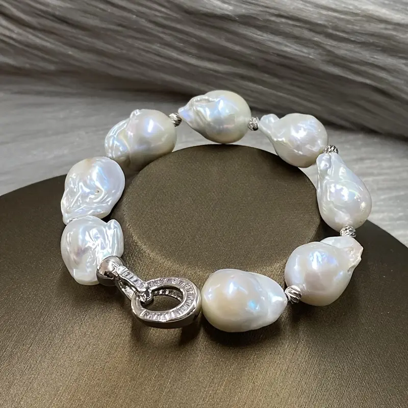 Natural Baroque Freshwater Pearl Bracelet, Irregular Large Keshi Pearl Stretch Bangle, Elegant Luxurious Statement Jewelry for Women