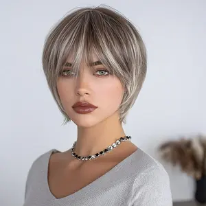 SMILCO/6Inch Highlight Brown with White Short Straight with Bangs Synthetic Wig/SM166-6