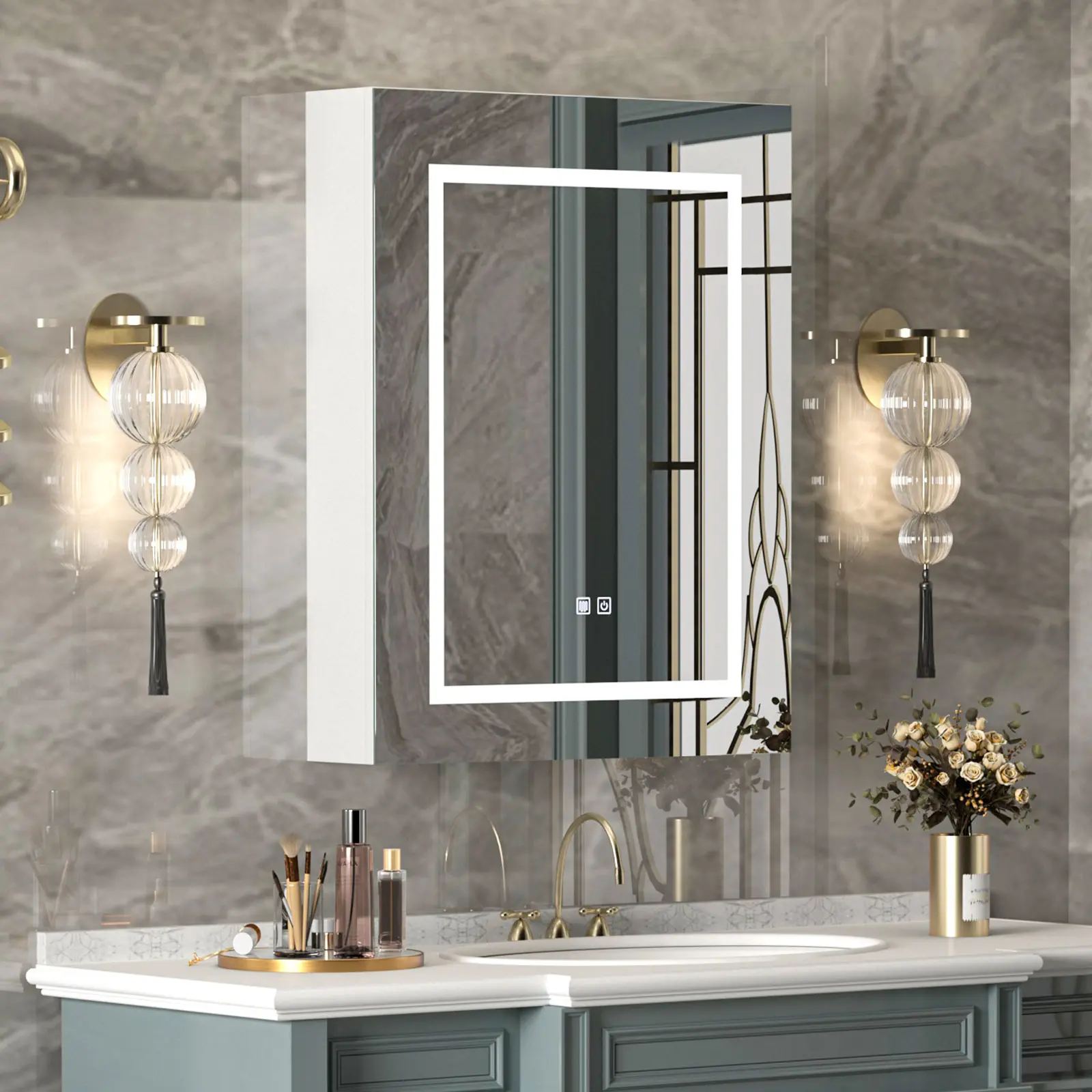 Mepplzian LED Lighted Bathroom Wall Cabinet, 28x28 in Large-Scale Timber Multi-Compartmentalized Openable Mirror Cabinet with Modern Wood Finish, Storage & Countertop Makeup Shelf, Large-Scale Mirror Cabinets
