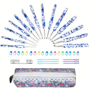 Crochet Hooks Set with Case 14 Size Blue and White Porcelain Pattern for Arthritis Hands, 2.25mm(B)-10mm(N) Crochet Needles for Beginners, Mothers Day Gift, Crochet Lovers (Azure)
