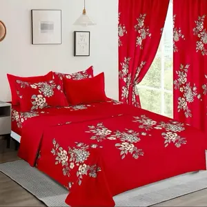 Red Floral Bedding Set with Matching Curtains and Pillows for a Vibrant Bedroom Decor