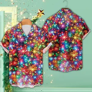 Christmas Lights Hawaiian Shirt 100% Polyester, Bright Neon Lighting Aloha Top, Merry Xmas Party Button Down, Holiday Gift for Men Women