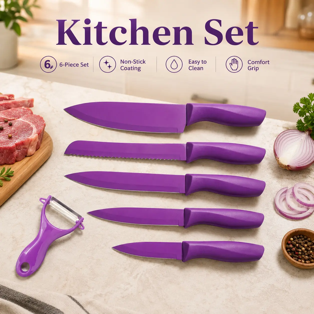 6Pcs Purple Non-Stick Coated Kitchen Knives Set with Peeler - Sharp Blade, Comfort Grip Cutting Cutlery for Home Food Prep