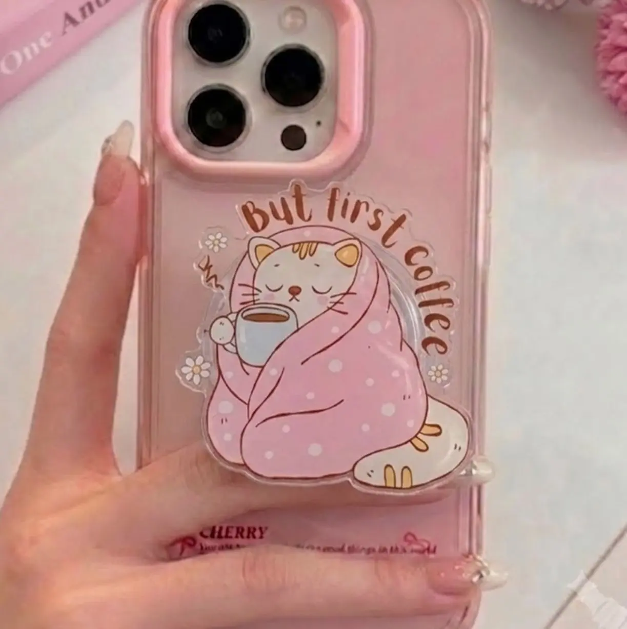 But First Coffee Cute Cat Phone Grip | Cozy Cat in Pink Blanket PopSocket | Funny Coffee Lover MagSafe Phone Holder