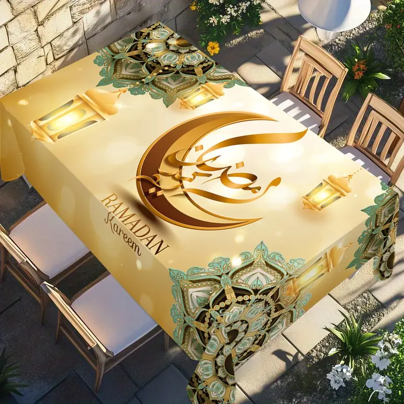 1 Pc Ramadan Tablecloth, Ramadan Theme Tablecloth, Eid al-Fitr Golden Lantern Vintage Pattern Washable Table Cover Holiday Kitchen Dining Table Decor For Home Party Decor