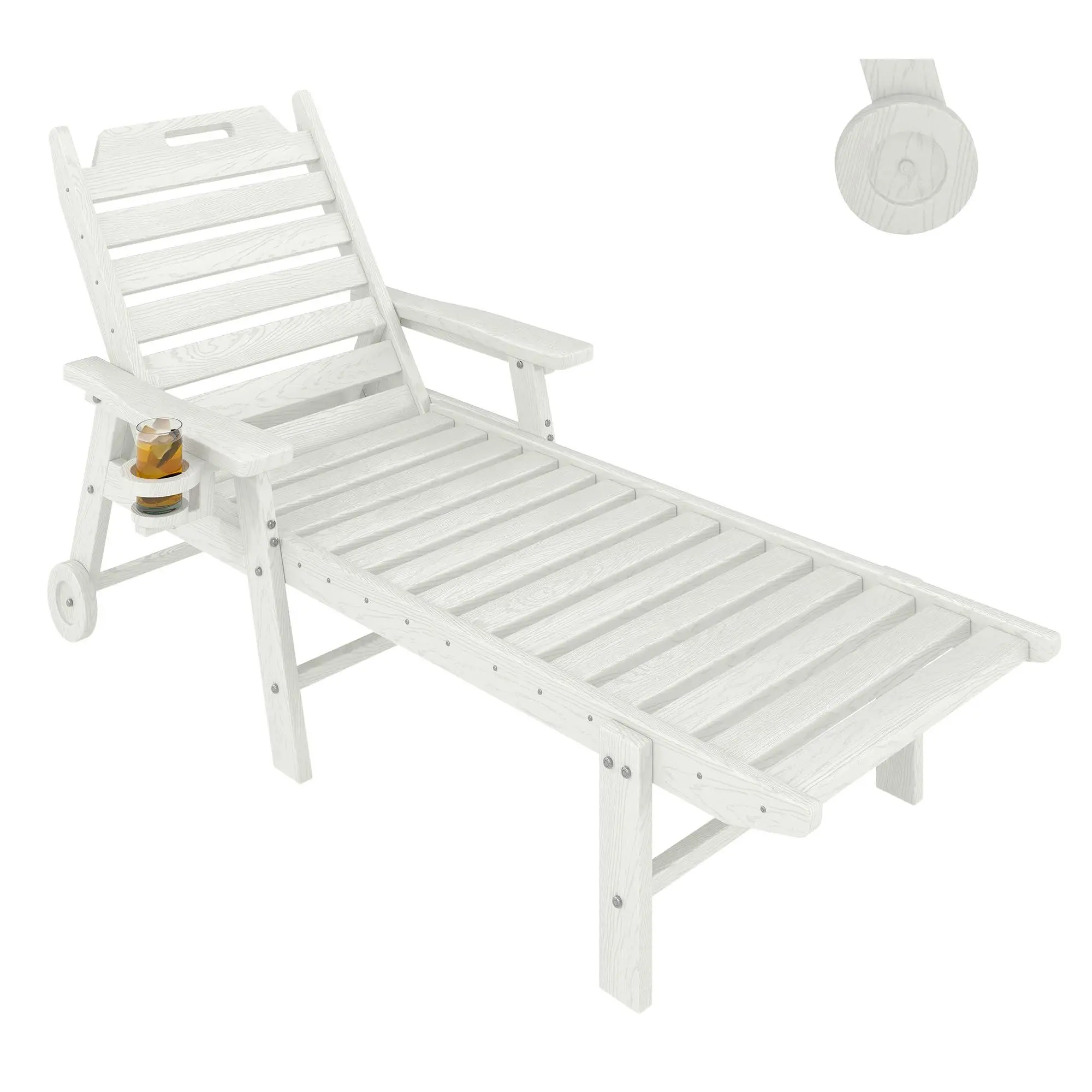 GARVEE Oversized All-Weather HDPE Plastic Chaise Lounge with Wood Texture, 5-Position Backrest, Built-in Cup Holder, Rolling Wheels - for Patio, Poolside