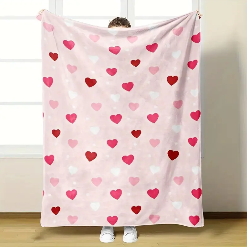 Heart Print Flannel Throw Blanket - Pink, Red, White Soft Cozy Plush Bedding for Bedroom, Sofa, Heartfelt Gift Blanket for Women on Valentine's Day, Birthday, Anniversary, Home Decor Textile, Flannel Throw Blankets