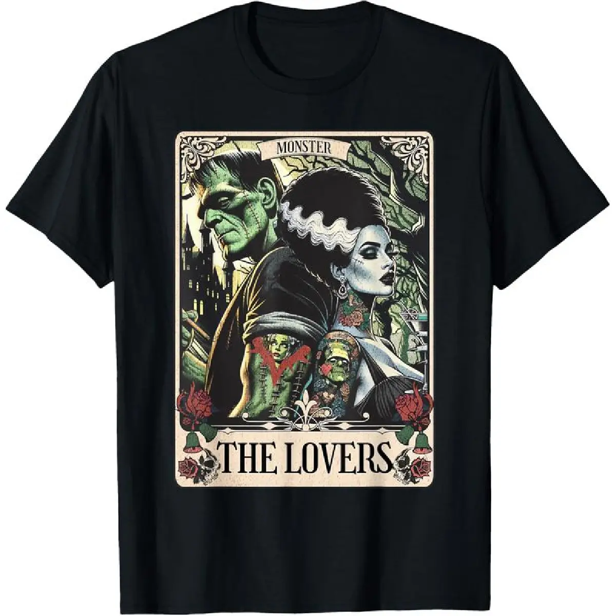 Men's 100% Cotton Frankenstein & Bride The Lovers Tarot Card T-Shirt - Biker, Bomber, Business, Chic, Club Wear - Breathable, Classic, Soft, Relaxed Fit