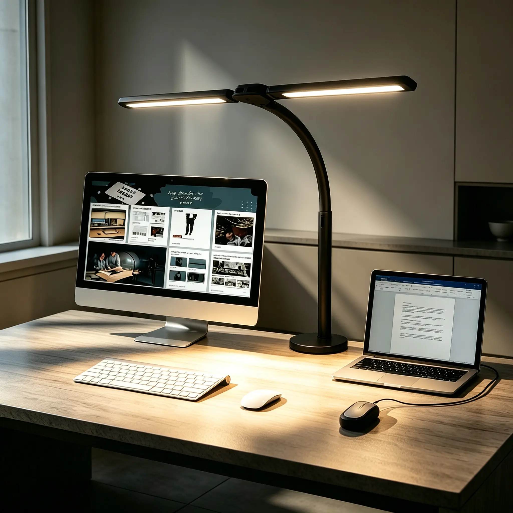 Clamp-On Black LED Desk Lamp - Eye-Care Architect Task Light for Home Office, Smart Double-Head Computer Monitor Lamp, Adjustable Flexible Goose-Neck, 25 Lighting Modes