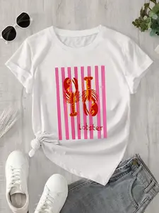 Neutral High-End Short Sleeve Round Neck Graphic Tee, Striped Lobster Print with Vertical Stripes, Soft Breathable Fabric, Casual Wear for Seafood Lovers