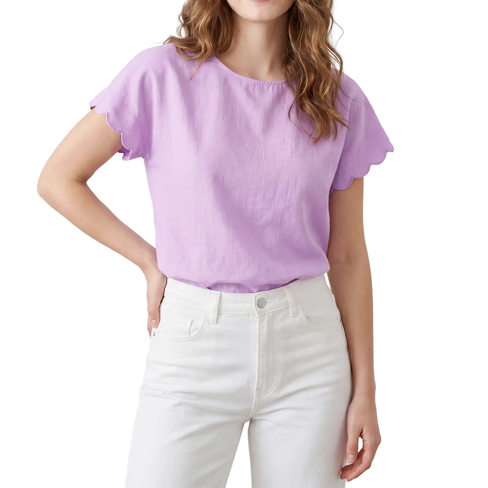 Shewin Women's Comfy Minimalist Solid Short-Sleeve Blouse - Cotton-Viscose Pullover, Loose-Fit, Breathable, Round Neck, Wardrobe Staples, Effortless Chic Women's Top