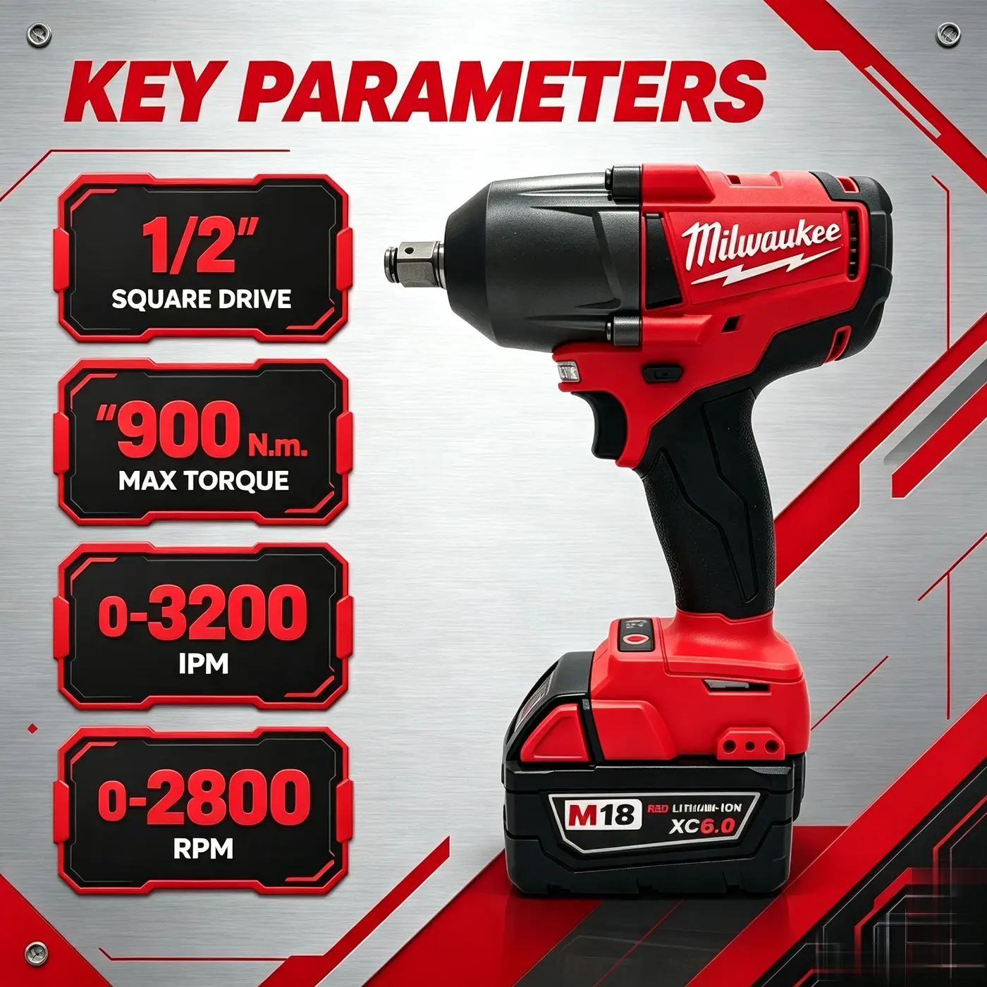 Milwaukee M18 FMTIWF12 18V Brushless Impact Wrench, 1/2" Square Anvil, Up To 900N.m Torque, Cordless Power Wrench For Vehicle Tire Service, Workshop And Construction Work lithium battery 18 ft-lbs
