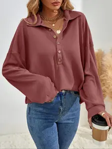 Women's Waffle Stand Collar Long Sleeve Shirt, Loose-Fitting Casual Top for Spring & Fall, Comfortable Moderate Fabric