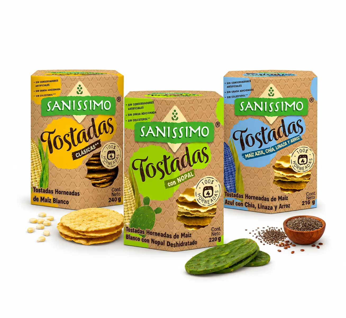 Sanissimo Gluten-Free Baked Tostadas Classic cactus or Blue Corn with Chia & Flaxseed Tostadas Sanissimo Horneadas Sin Gluten Clasicas Nopal o Maiz Azul con Chia y Linaza