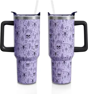 Halloween Goth Skull 40oz Tumbler Cup with Handle and Straw, Witch Moth Gifts for Women Girls, Holiday Stainless Steel Insulated Water Bottle 1PC