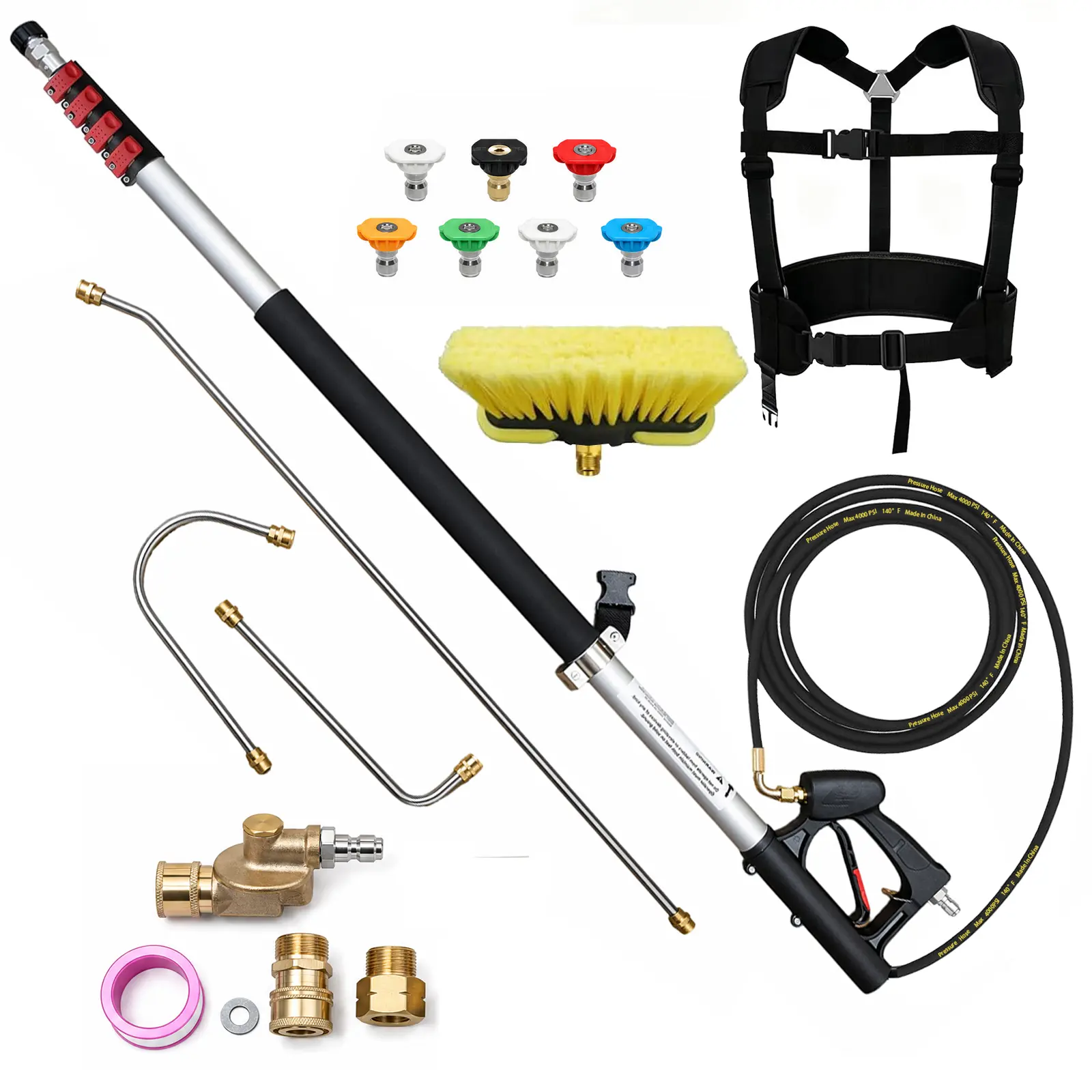 24 FT Telescoping Pressure Washer Wand with Power Washer Extension Wands, Gutter Cleaner Attachment,7 Spray Nozzle Tips, 2 Hose Adapters and Support Belt