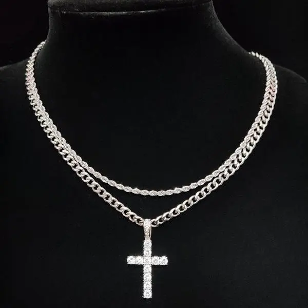 Double Layer Cuban Link Iced Out Cross Necklace, Cubic Zirconia Bling Cross Pendant Stainless Steel Waterproof Stackable Silver Chain, Unisex Hip Hop Y2K Goth Punk Streetwear Jewelry for Men Women