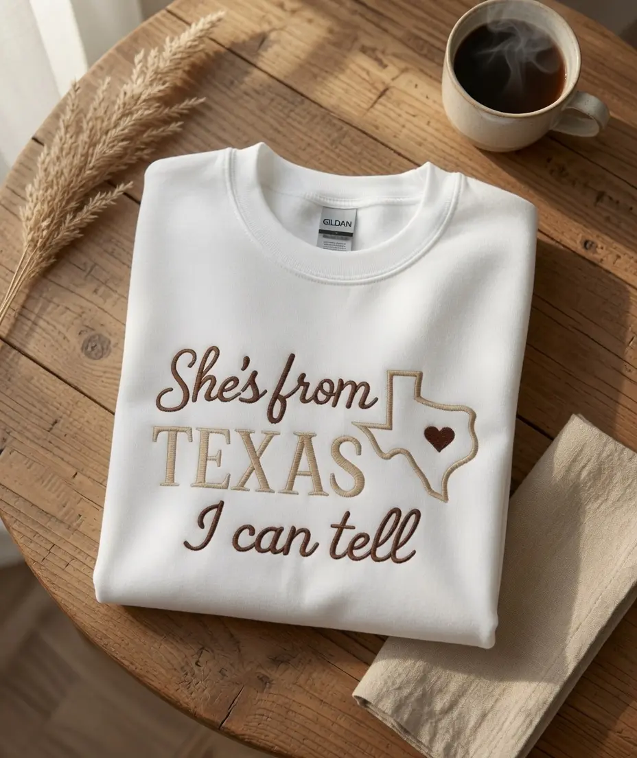 [Made in US] She’s from Texas Crewneck Sweatshirt T-shirt Hoodie | Texas Embroidered Sweater | State Pullover | Texas Shirt