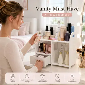 White Makeup Organizer with Mirror & Drawer, Elegant Desktop Cosmetic Storage Box with Dustproof Cover, Large Capacity Multi-Compartment Skincare Organizer for Vanity, Bathroom Counter, Dressing Table, Desk, Home Office, Jewelry & Stationery