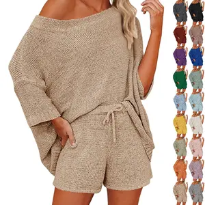 Goranbon Womens 2 Piece Knit Outfits Off Shoulder Sweater Tops Shorts Lounge Pajamas Set Summer Suit