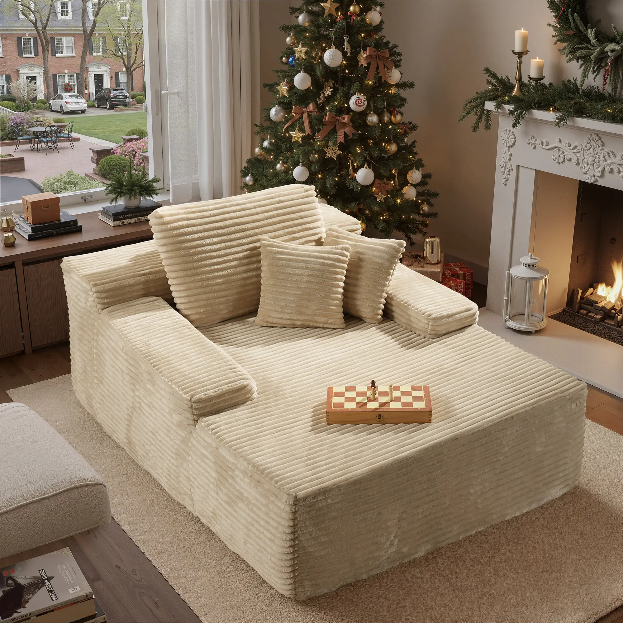 67“Single Chaise|Beige Plush Corduroy