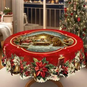 XEXSIN Christmas Decor Print Tablecloth - Rectangle Table Cover with Christmas Bell, Poinsettia, Decoración de mantel navideño, Jesus Birth Scene Tablecloth, Xmas Decor, Holiday Party Decor, Round Table Cloth, Christmas Festive Home Outdoor Decor Gifts