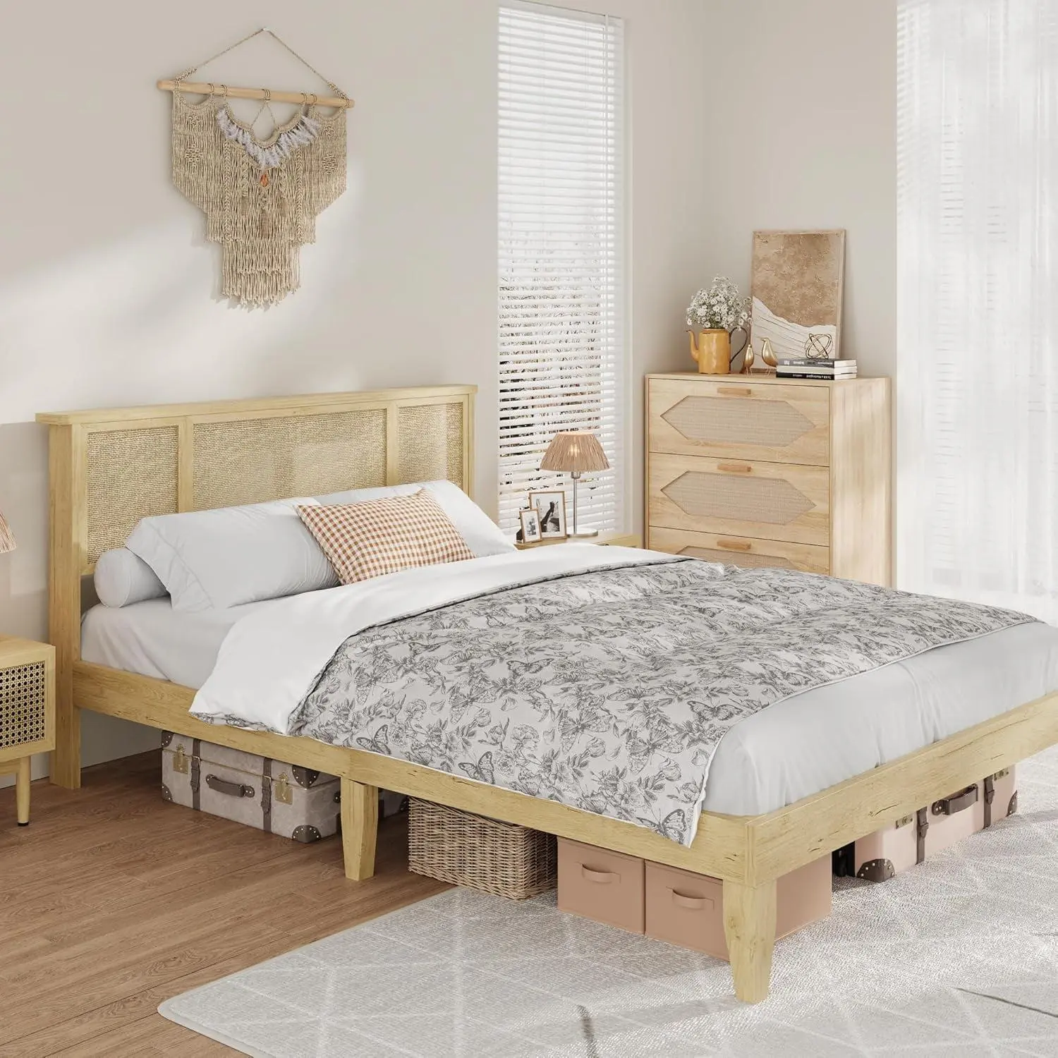 Gaomon Queen Size Boho-Style Wood Bed Frame with Woven Cane Natural Rattan Headboard, Stable Metal Base, Durable Wooden Slats, Compartments Storage Drawers, Space-Saving, No Box Spring Required