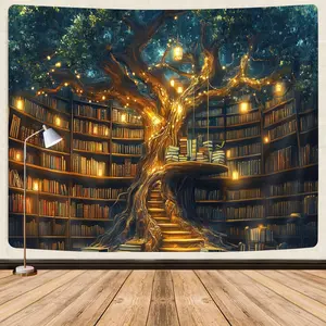 GOAOK Fantasy Library Tapestry For Classroom, Mysterious Tree Magic Bookshelf Aesthetic Tapestries, Witchy Fairytale Tree Vintage Bookshelf Book Art Tapestry Wall Hanging College Room Bedroom, 60"X40" Tapestry