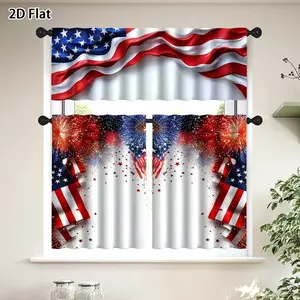 3 pieces of American flag fireworks printed kitchen curtain sets, made of 100% polyester fabric, suitable for kitchen sink windows, dining rooms, living rooms, holiday party decorations, and Independence Day themed home decorations.