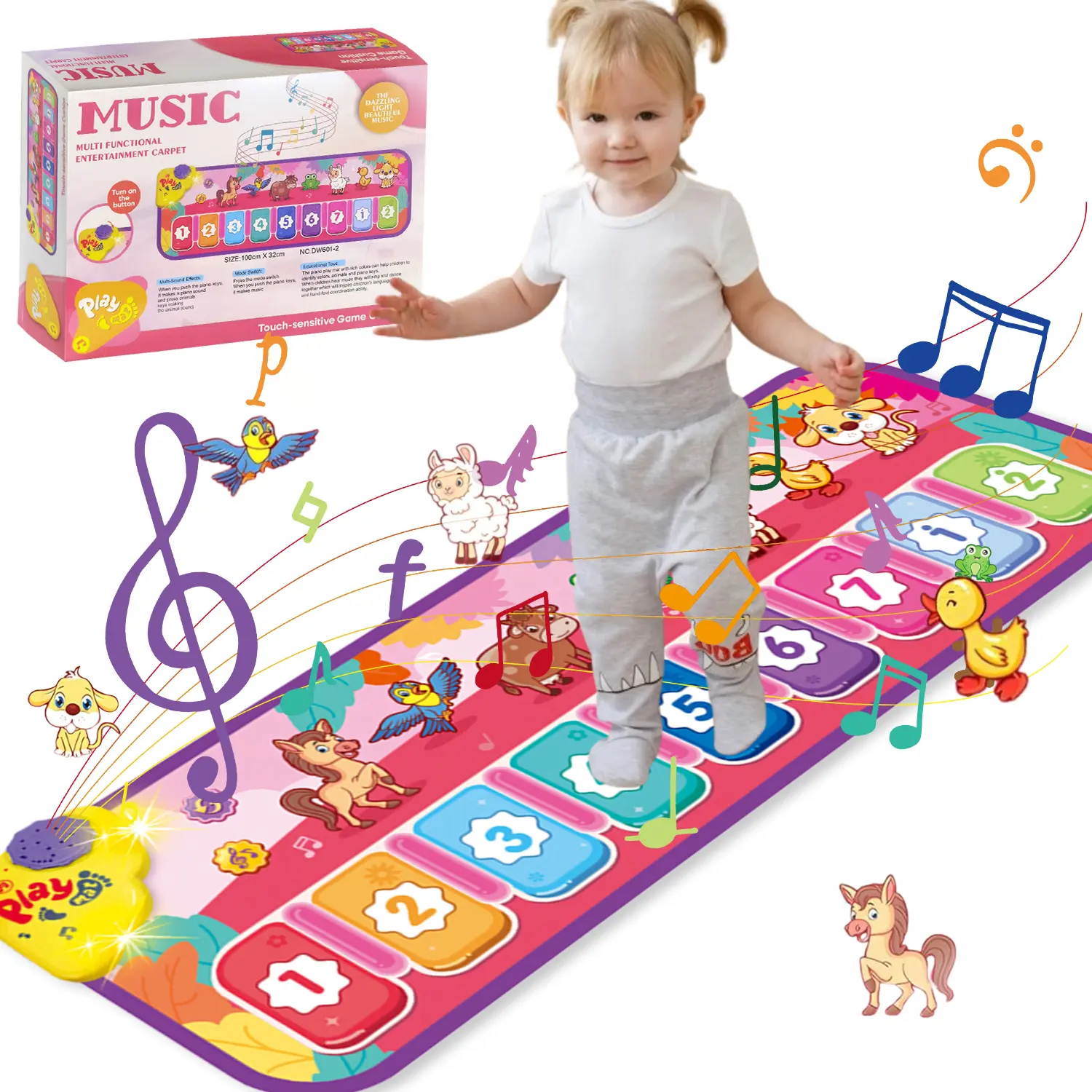 Toddler Floor Piano Mat, Pink Soft Fabric Music Toy for Girls & Boys Ages 1-3, Unisex Educational Gift with Lights, Animal Sounds & Adjustable Volume for Birthdays, Toddler Stuff For Girl, 1-3 Years