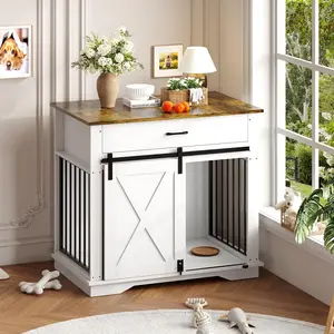 38" Modern Dog Crate Furniture with Drawers, Indoor Dog Kennel End Table for Small Medium Dogs, Wooden Pet Crate Table with Pull-Out Tray, Heavy Duty Chew-Resistant Dog House TV Stand for Living Room, Decorative Pet Cage