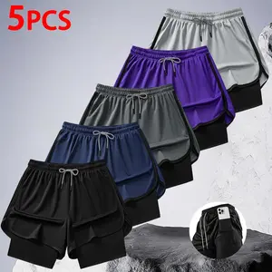 2-In-1 Double Layer Anti-Exposure Sports Style Men's Athletic 2-In-1 Compression Shorts, Elastic Waist With Braided Drawstring And Side Contrast Edge Trim, Mesh Breathable Fabric Curved Split Hem Running Bottom