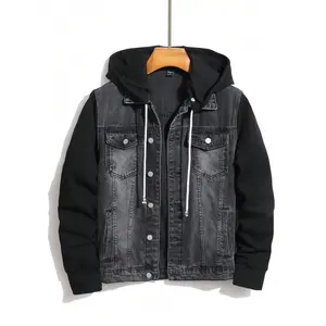 Men's Button Front Long Sleeve Pocket Casual Denim Hoodie Jacket Fabric Menswear Coats Hem