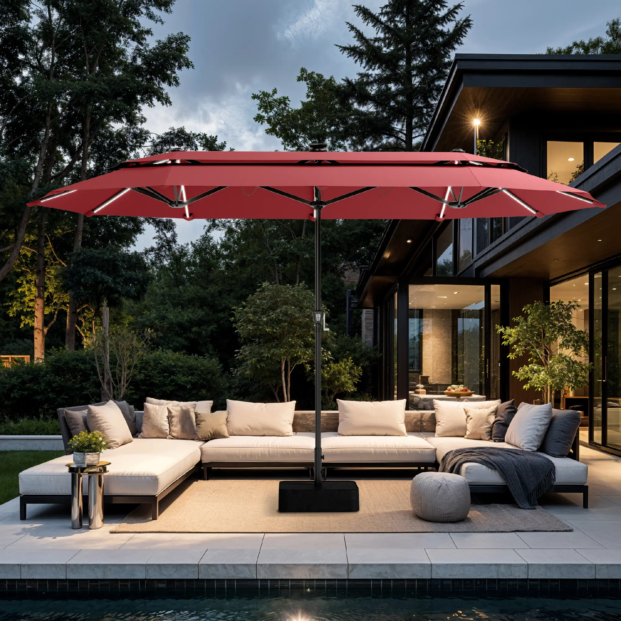 [RGB LED] PHIVILLA 13ft Double-Sided Patio Umbrella with RGB Solar LED Lights, Double Vent Top & Base – Extra Large Backyard & Pool Umbrella