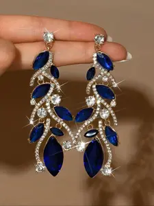 Vintage Sapphire Blue Rhinestone Earrings, Women's Exaggerated Evening Party Jewelry, Elegant Gift for Special Occasions