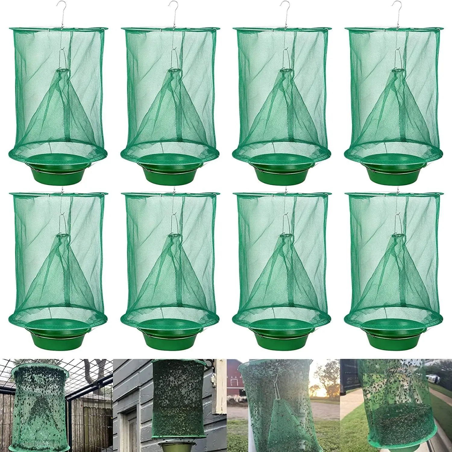 8 Pack Ranch Fly Traps Outdoor Hanging, Disposable Stable Fly Trap, Horse Fly Hunter Catcher Cage, Flies Killer Control Repellent for Barn, Orchard, Farm, Garden