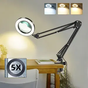 Magnifying Glass with Light and Stand, Desk Mount, Adjustable Arm and Base for Reading, Nail Art, Sewing, Precision Work and Precision Tasks, USB Powered and Energy Efficient