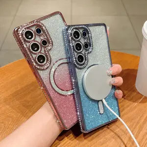 OREKROY Magnetic Glitter Case for Samsung Galaxy S25 Ultra Plus S24 23 [Compatible with MagSafe] Military-Grade Protection, Clear Cute Glitter Bling Cover Sparkle Diamond Camera Protector Cover for Women Girls, Purple