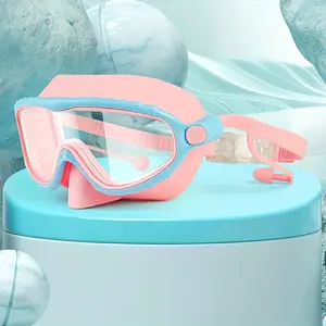 RODEWIIL Oversized Swim Goggles - Anti-Fog, High-Definition Clarity, Adjustable Strap, Comfort Blue Silicone Cushions, Pink Frame, Outdoor Swimming Safe, Stylish Reliable-Fit Goggles Swimming Gear