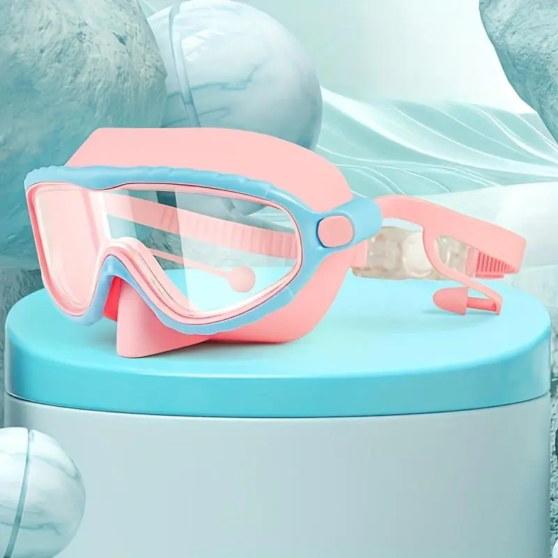 RODEWIIL Oversized Swim Goggles - Anti-Fog, High-Definition Clarity, Adjustable Strap, Comfort Blue Silicone Cushions, Pink Frame, Outdoor Swimming Safe, Stylish Reliable-Fit Goggles Swimming Gear
