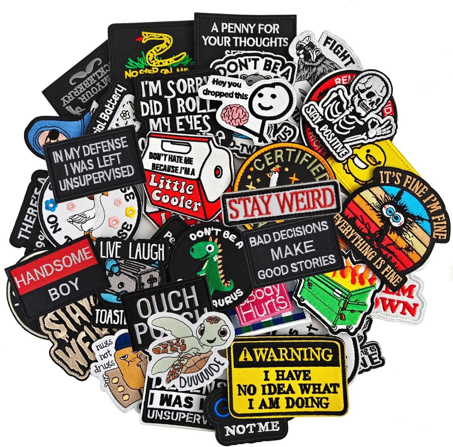 20 Decorative Random Funny Hook-and-Loop Embroidered Meme Morale Patches - DIY Applique Sewing Supplies for Backpacks, Dog Harnesses