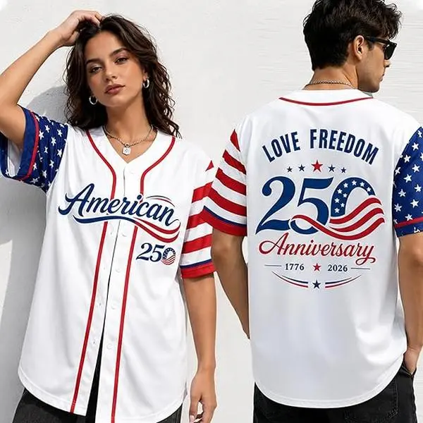 Unisex Polyester Quick-Dry Loose-Fit USA 250th Anniversary (1776-2026) Commemorative Athletic Baseball Jersey - Male/Female Patriotic Short-Sleeve Button-Down with American Flag, Eagle, Statue of Liberty Graphics, We The People Party Wear