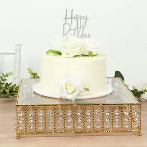 14" Square Gold Cake Stand with Hanging Crystal Beads and Glass Top – Metal Dessert Display Tray