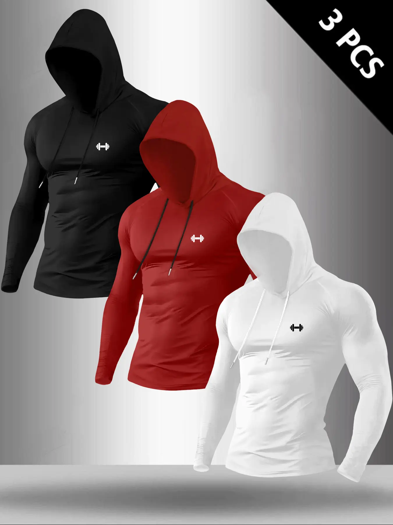 Men's Classic 3-Piece Set Weightlifting Print Hooded Long Sleeve T-Shirt, Casual Versatile Top for Fall Winter Fitness Wear, Fitness Apparel, Gym Workout Tee, Fitted Design Activewear, Activewear T Shirt