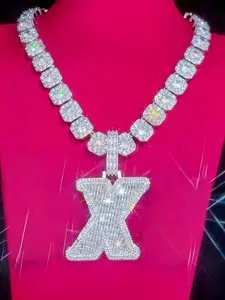 Customized Initials Baguettez Pendant Necklace, Iced Out 2-Tone Letter Charm, Stylish Accessory for Personalization & Gift Giving, Iced Out Jewelry