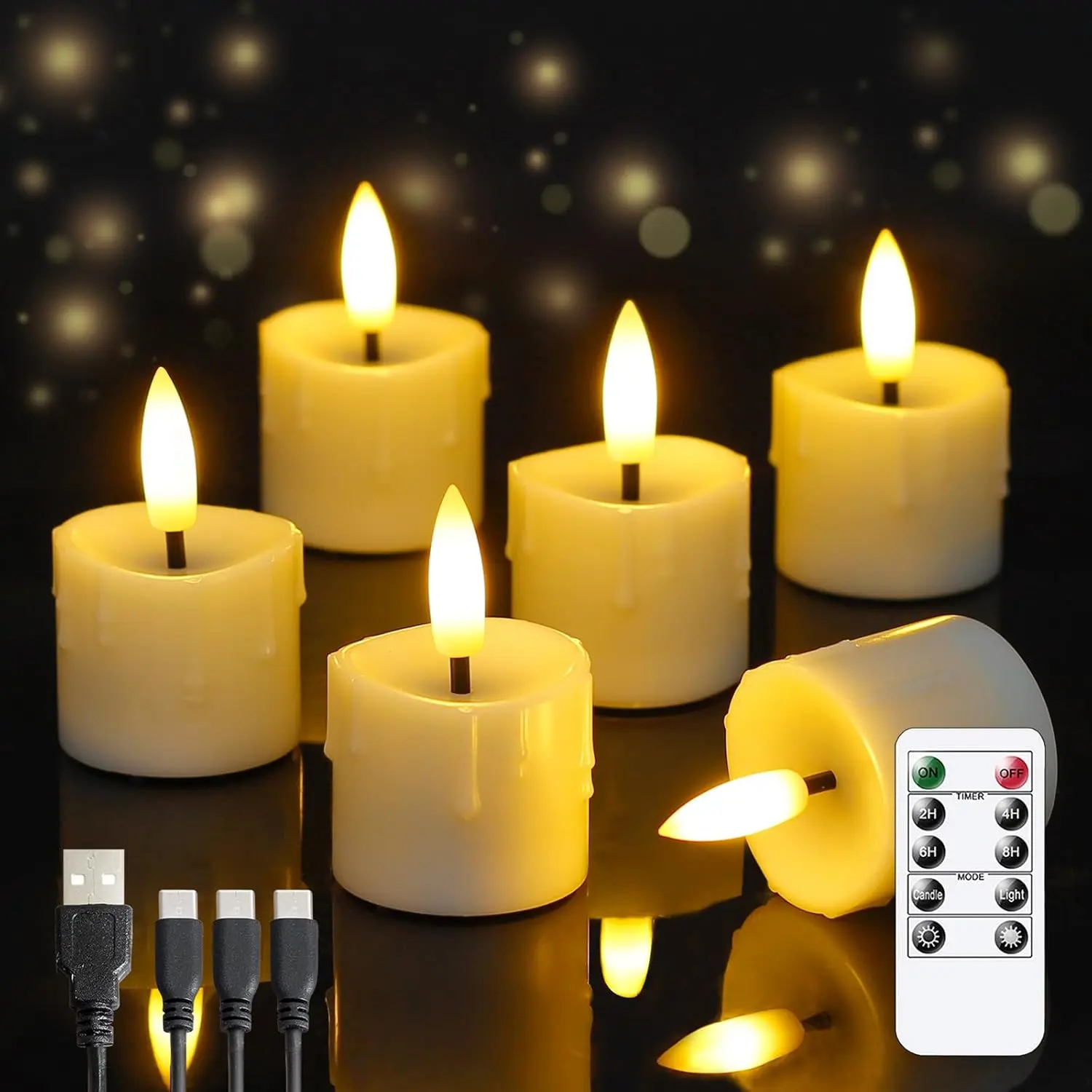 6pcs Rechargeable Flameless Tea Light Candles - 1.6"x2.5" Ivory Plastic Dripping Wax Votives, Remote-Controlled, Type-C Cable, Timer LED Flickering, Recharging, Tiny Upright, for Indoor Lighting, Recharging Candle Lights, Remote-Controlled Candle Lights