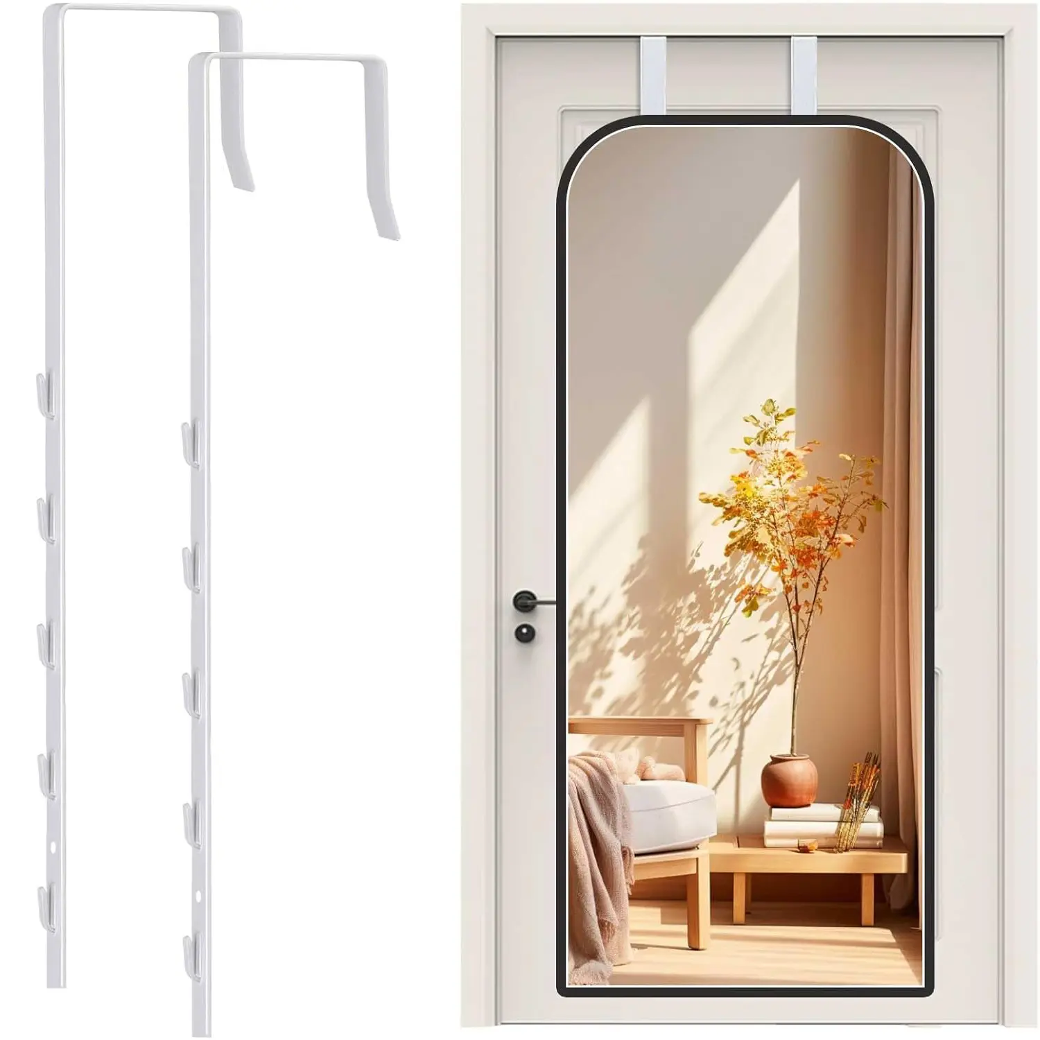 Over-The-Door Mirror Hanger, Adjustable Door Mirrors Hanger Set with Protective Lining, 2 Pcs Brackets Perfect Height and Fit (Mirror Not Included)